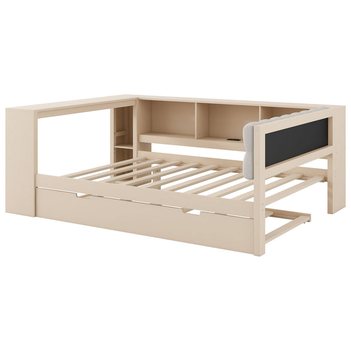 Upholstered Headboard Platform Bed With Storage Shelves, Trundle, Charging Station