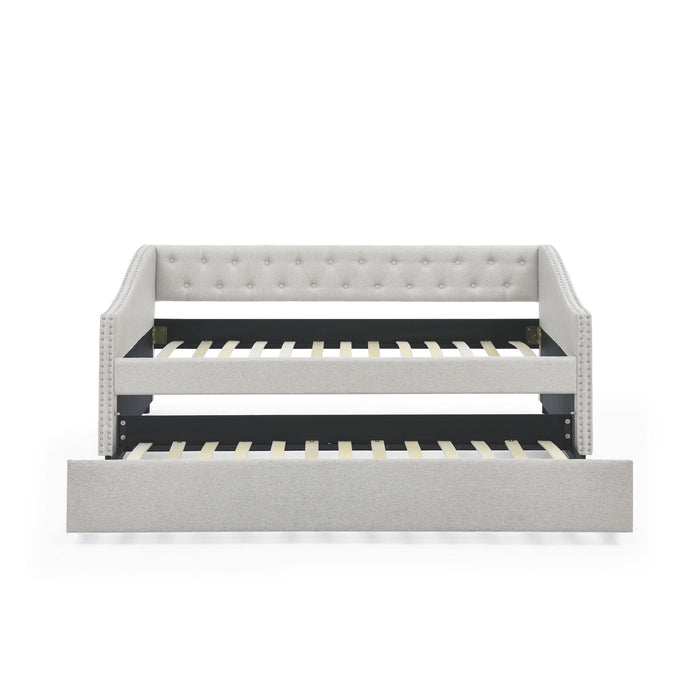 Upholstered Tufted Daybed With Drawers, Waved Arms