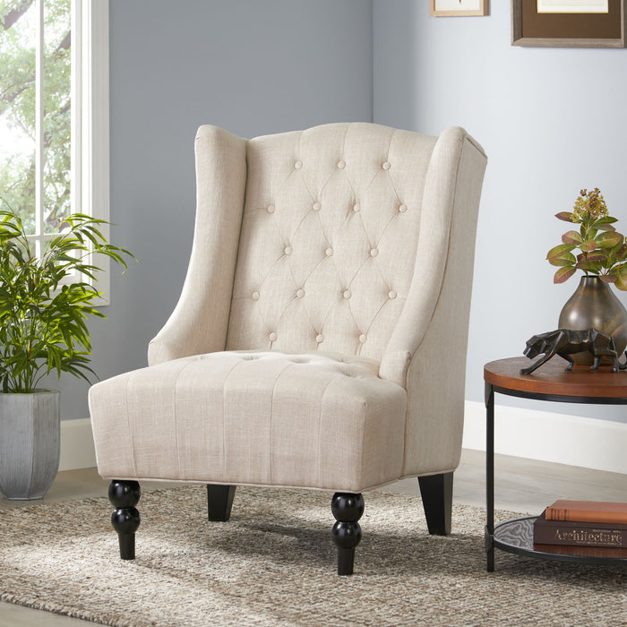 Contemporary Hi Back Club Chair With Wingback Design - Light Beige
