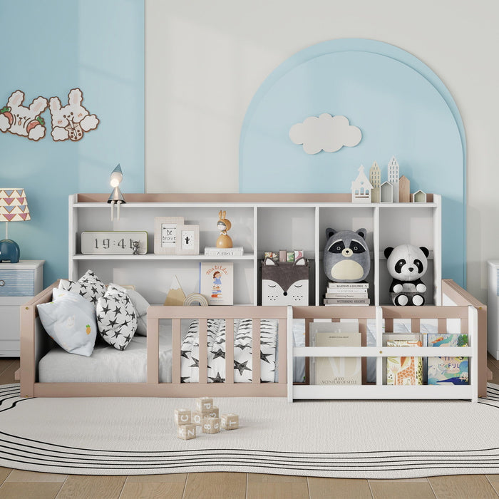 Platform Bed Frame With Guardrail, Storage Shelves & Bookshelf