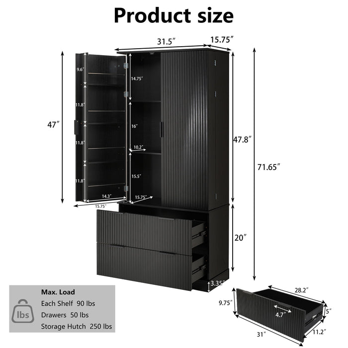 Fluted Kitchen Pantry Cabinet With 2 Large Drawers & 8 Door Spice Rack Freestanding Storage Organizer - Black
