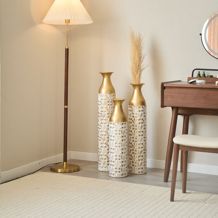 Mother's Day Gift Set Gilded White 3D Relief Flower Metal Vase Set - White / Gold