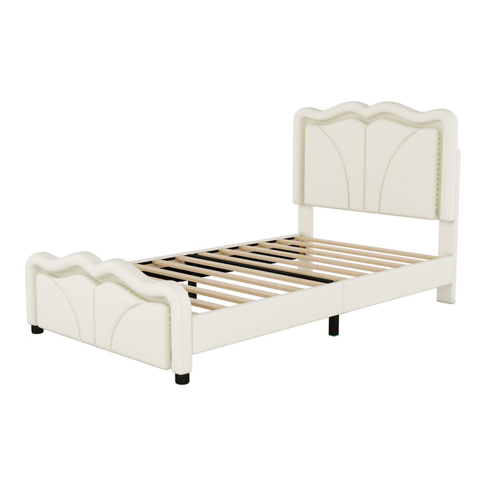 Upholstered Platform Bed & Curve Shaped And Height Adjustable Headboard, LED Light Strips