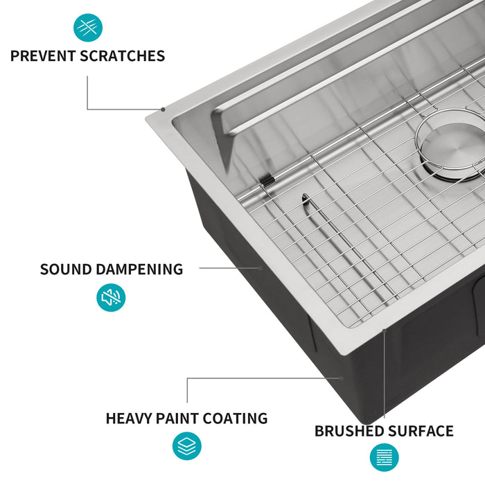 Undermount Kitchen Sink, Single Bowl With Ledge Workstation, 16 Gauge Stainless Steel - Brushed Nickel