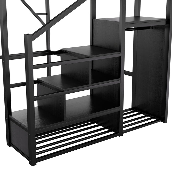 Queen Size Loft Bed With Stairs, Storage Shelves, Wardrobe - Black