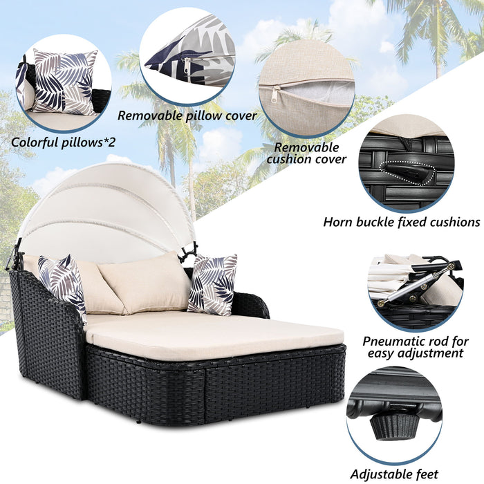 Outdoor Sunbed With Adjustable Canopy, Double Lounge, Daybed - Black / Beige