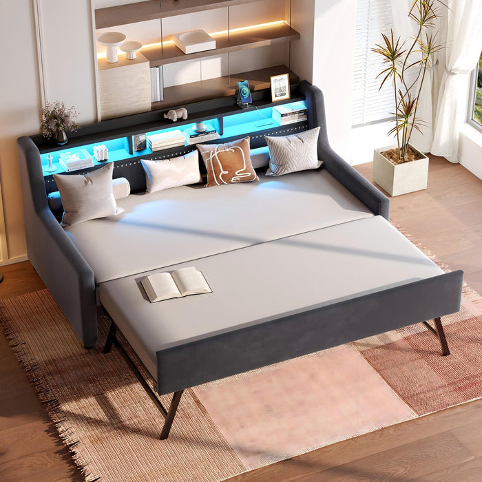 Twin Size Daybed With Trundle With LED Light ＆ Charging Station - Dark Gray
