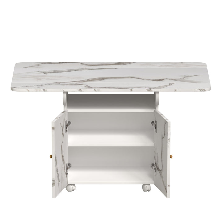 Versatile Marble Folding Dining Table With Storage Rack And Cabinet, 6 Wheels - White