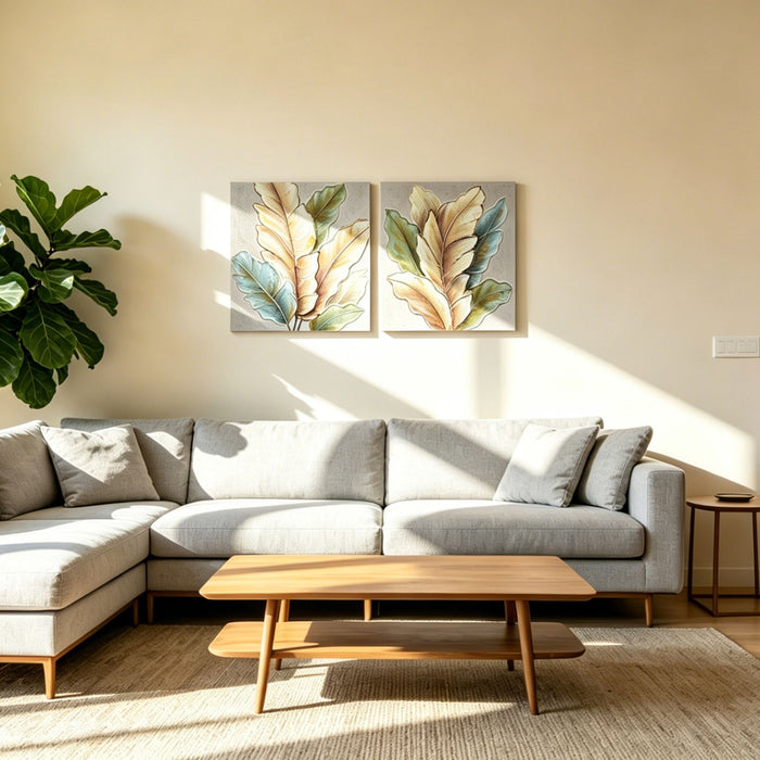 Botanical Leaf Wall Art, Textured Canvas Painting With Accents, Framed Decor For Living Room (Set of 2) - Green Leaf