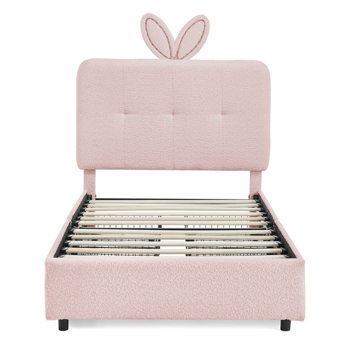 Upholstered Bed With Oversized Rabbit Ear Headboard, LED Lights & 4 Storage Drawers