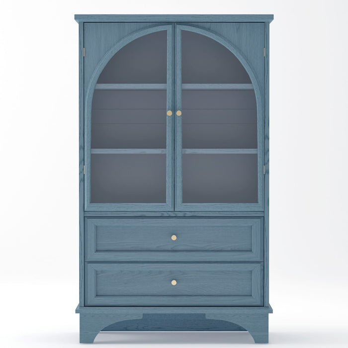 Glass Door Display Case With 2 Drawers And Adjustable Shelf