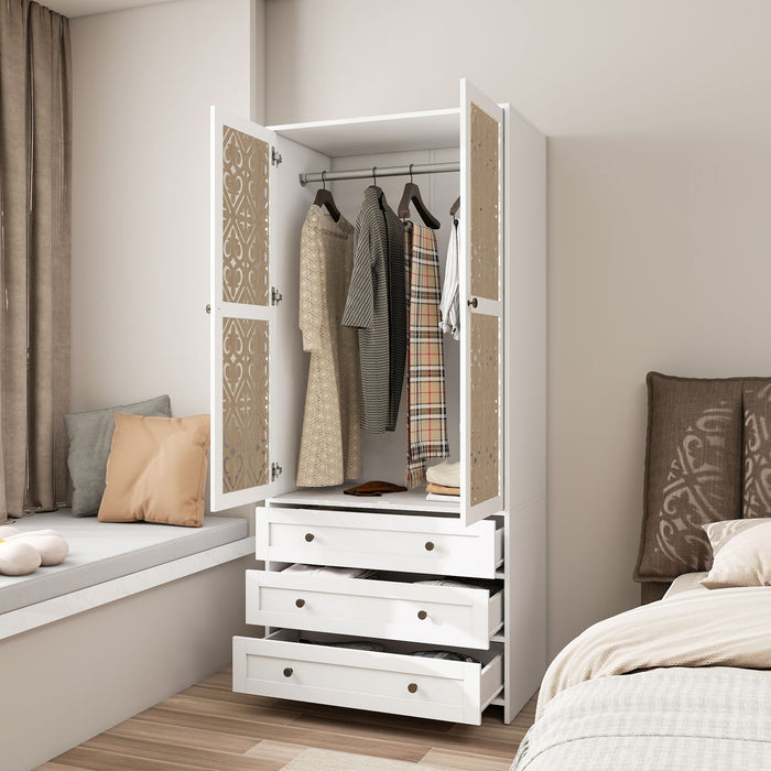 Hollow Pattern 2 Door 3 Drawer Wardrobe, The Collision Of Wood Color, Suitable For Bedrooms And Dressing Rooms - White