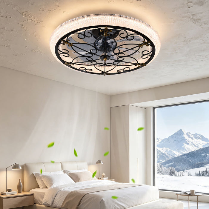 20" Caged Ceiling Fan With Remote Control And Crystal Sand Lampshade - Matte Black