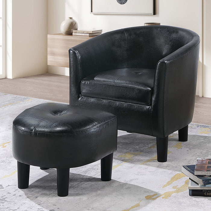 Accent Chair With Matching Ottoman Upholstered Round Backrest, Seating Set - Black