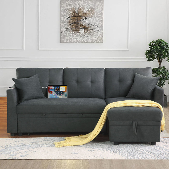 Sectional Sofa Bed L Shaped Sofa Couch Bed With USB Port, Reversible Chaise With Storage