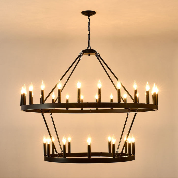2 Tiers Wagon Wheel Chandelier Wooden Farmhouse 36 Light (24 / 12) Or (12 / 24) Metal Chandeliers 2 Story Light Fixtures Industrial For High Ceiling Living Dining Room Foyer, Adjustable Height - Black