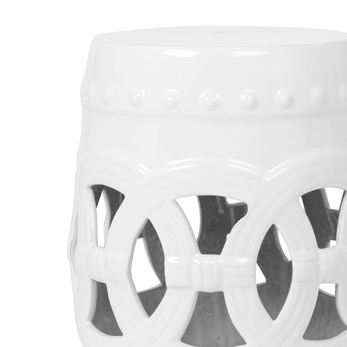 Elegant Glazed Ceramic Drum Stool Indoor / Outdoor Side Table Accent Garden Stool - White