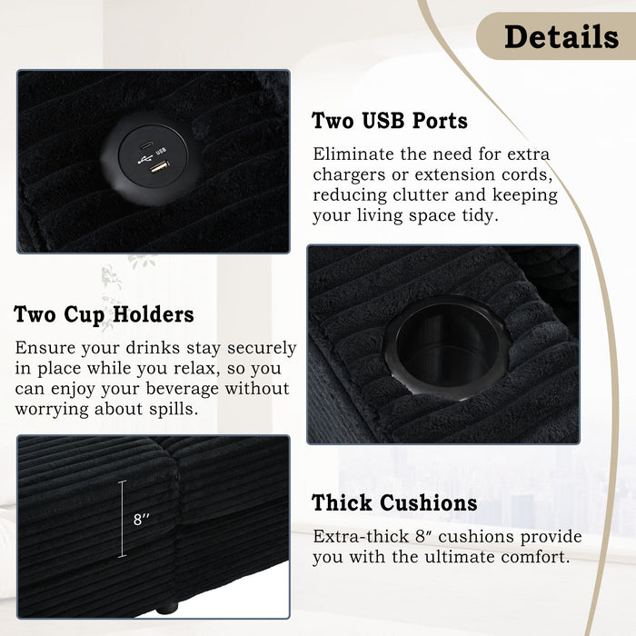 Oversized Loveseat Chaise With 2 USB Ports, 2 Cup Holders And 2 Throw Pillows