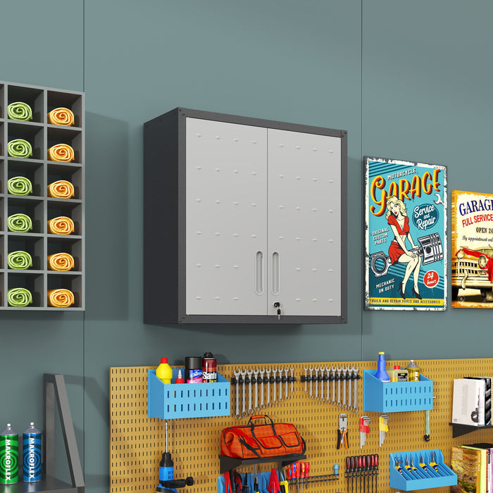 Metal Wall Mounted Tool Storage Cabinet With 2 Locking Doors, Adjustable Shelf, And Drawer