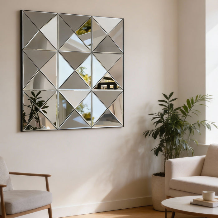 3D Beveled Wall Mirror With Frame, Large Square Design For Living Room - Silver