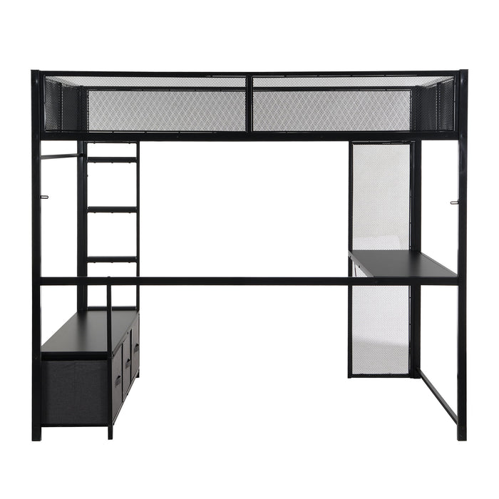 Full Size Gaming Loft Bed With LED Desk, Open Wardrobe, 3 Linen Storage Drawers - Black