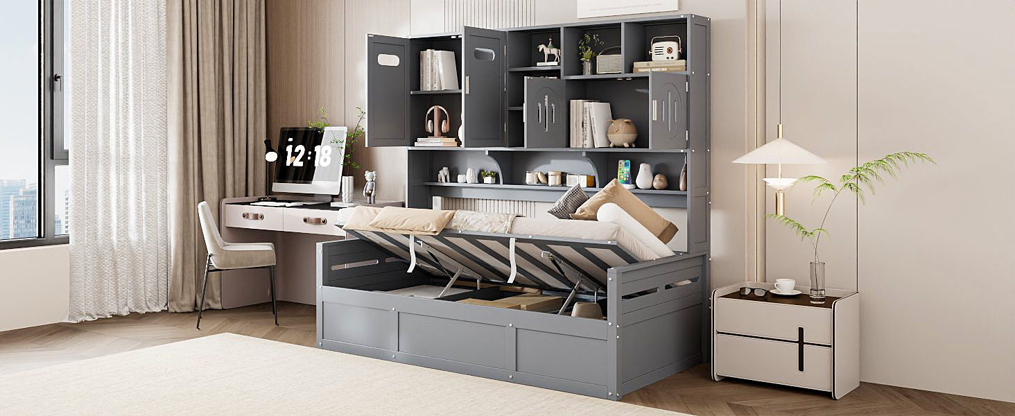 Daybed With All-In-One Cabinet And Shelf