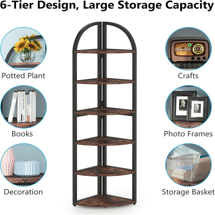 Tall 6 Tier Corner Shelf, Freestanding Bookshelf For Living Room - Rustic Brown