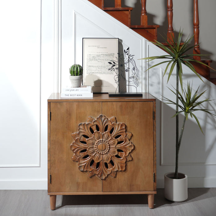 2 Door Accent Storage Cabinet With Floral Design, Sideboard For Living Room - Dark Brown