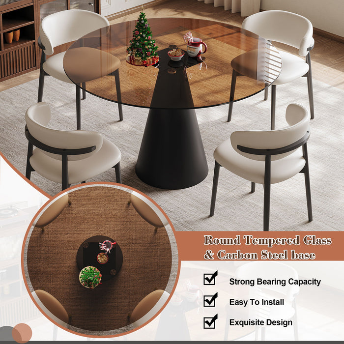 Round Dining Table With Tempered Glass Top - Black / Brown
