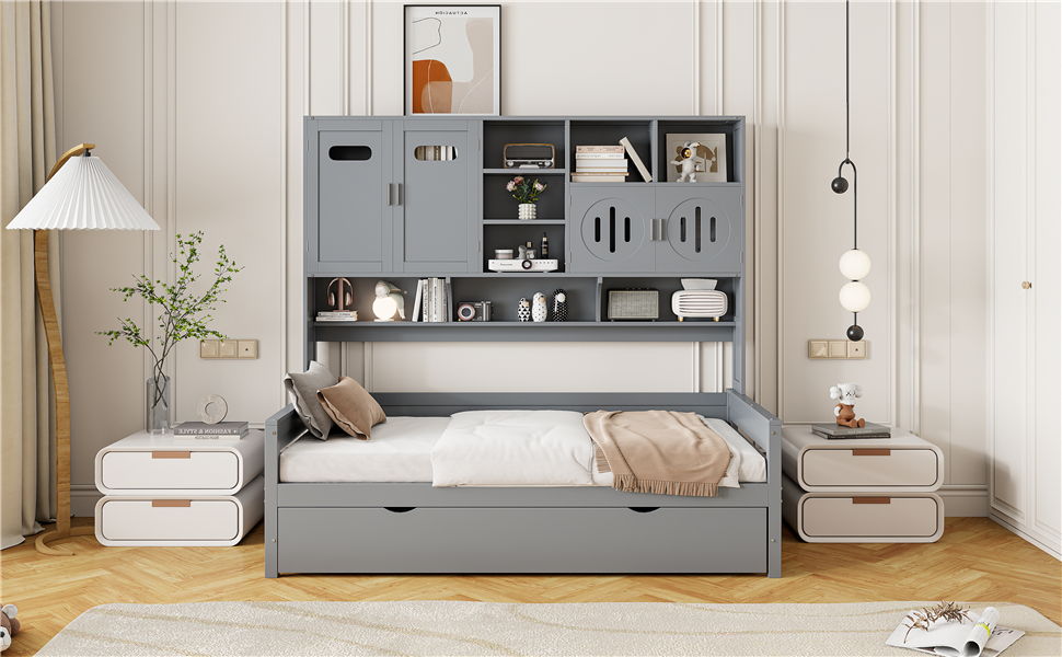 Daybed With All-In-One Cabinet And Shelf