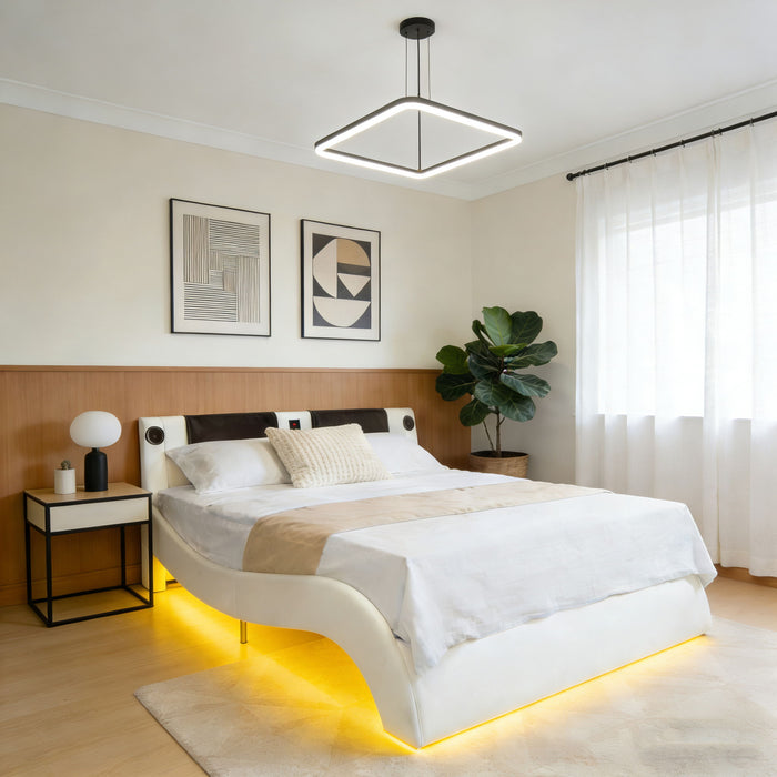 Platform Bed Frame With LED Lighting, Bluetooth Music, Vibration Massage