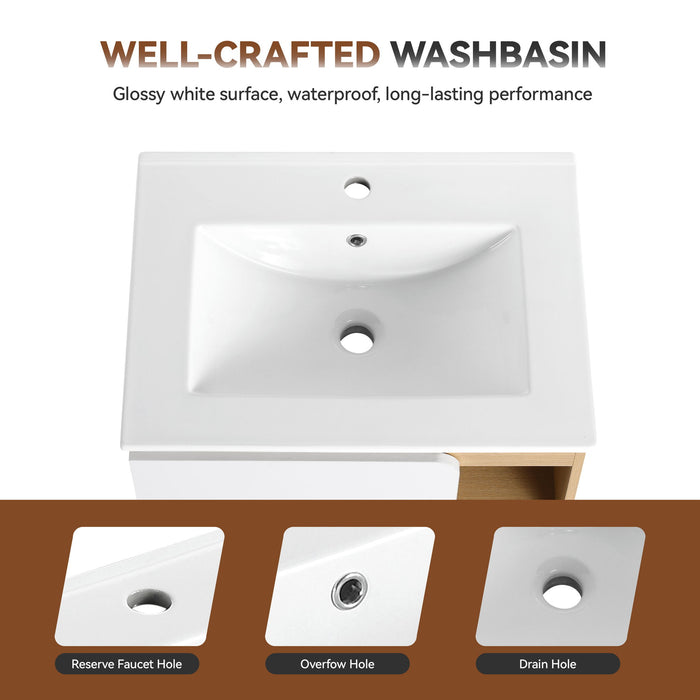 24" Bathroom Vanity With Sink & Tall And Low Side Cabinets, Vanity Set With Thin Edge Sink & Interchangeable Door Panels, 3 Piece Bathroom Storage Set - Black / Light Oak / White