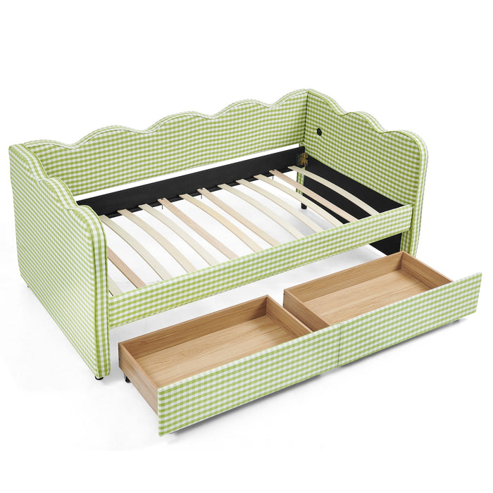 Gingham Daybed With USB Charging Port, Wave-Shaped Design