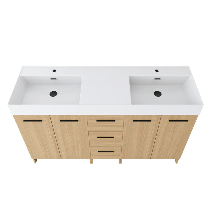 Double Sink Bathroom Vanity With 3 Drawers, Large Storage, Integrated Sink, Freestanding Cabinet, Soft Close Hardware - Glossy White / Light Oak