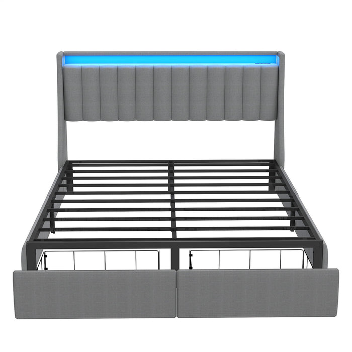 Upholstered Platform Bed Frame With RGB LED Lights, Charging Station & 2 Underbed Drawers