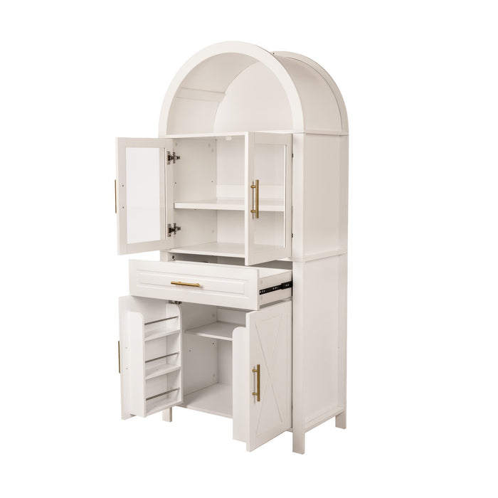 Arched Kitchen Pantry Cabinet With Adjustable Shelves & Barn Door Design