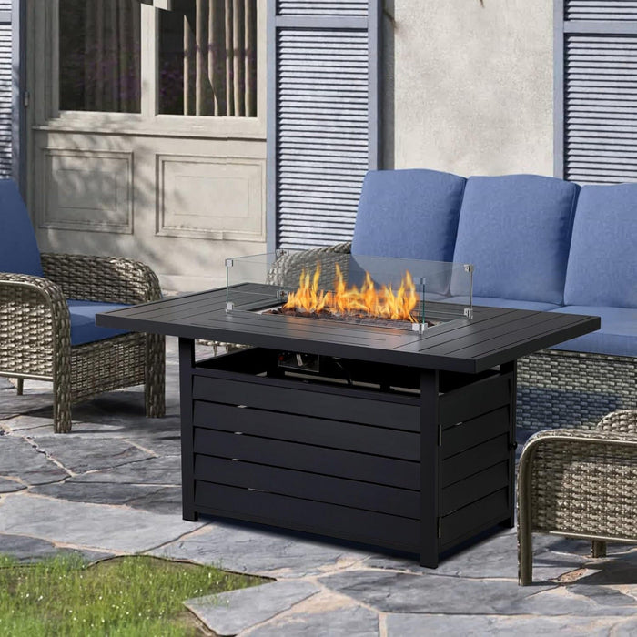 Rectangular Propane Fire Pit Table With Burner, Lava Rock, Waterproof Cover