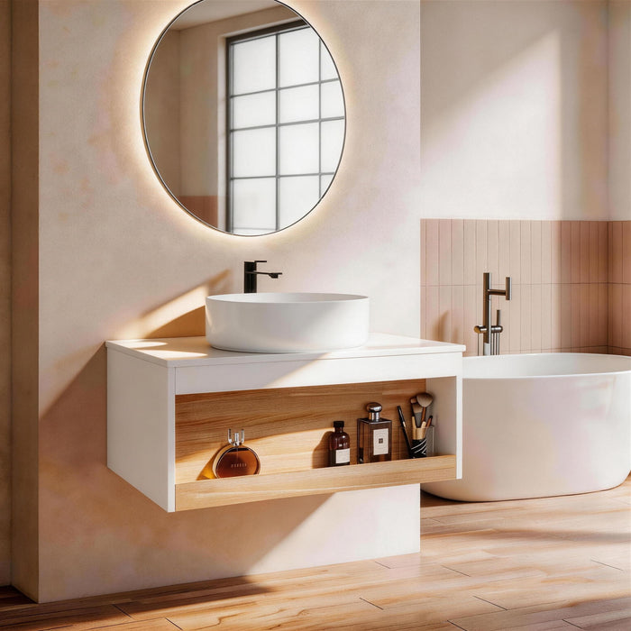 Floating Bathroom Vanity With Glossy Round Vessel Sink