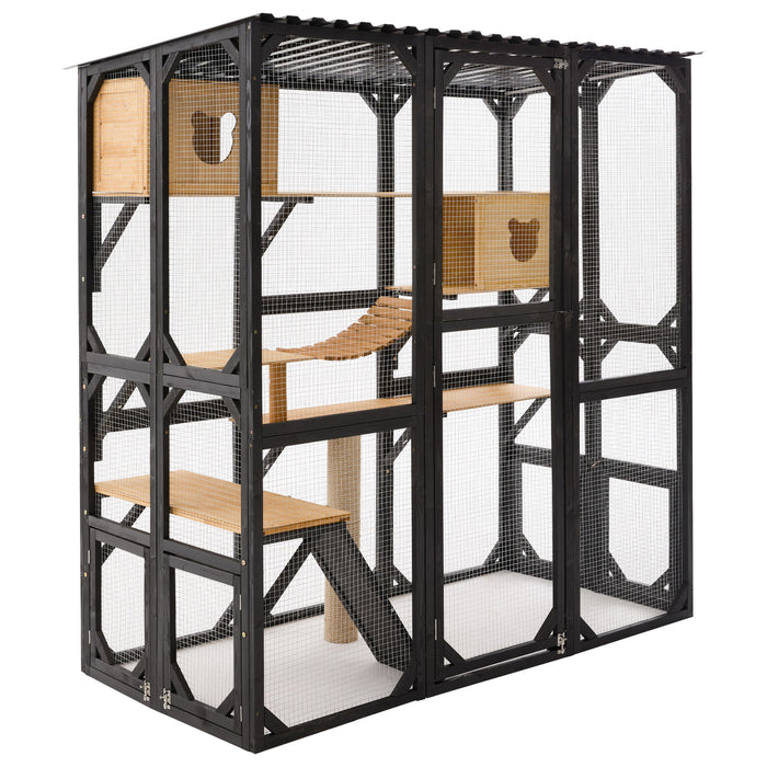 Outdoor Cat Enclosure With Sleeping Houses, Jumping Platforms, Scratching Post