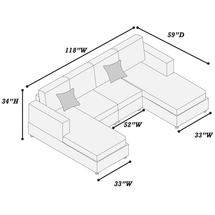 U-Shaped Sectional Set With Cushion Back Armless Chairs Right And Left Arm Chaise