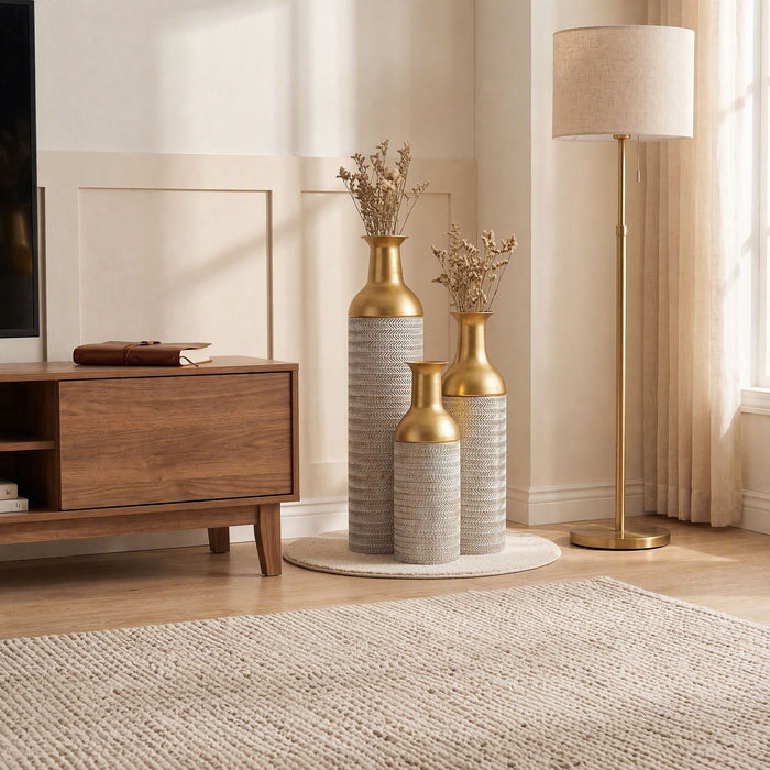 Decorative Tall Floor Vases For Home Decor (Set of 3) - White / Gold