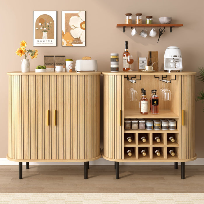 Fluted Wine Bar Cabinet With 8 Grid Wine Rack, 5 Level Adjustable Shelves, 2 Glass Holders