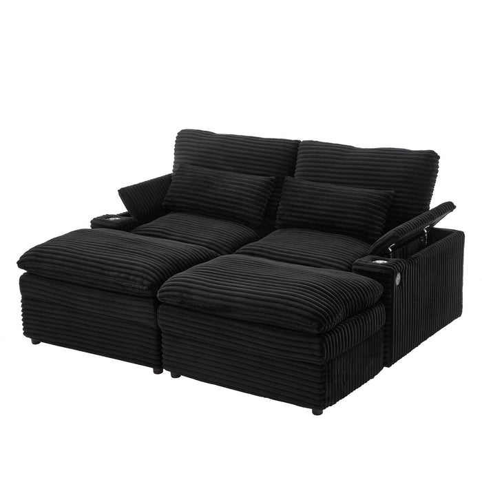 Convertible Loveseat Sofa With Storage, USB Ports, Cup Holders - Black