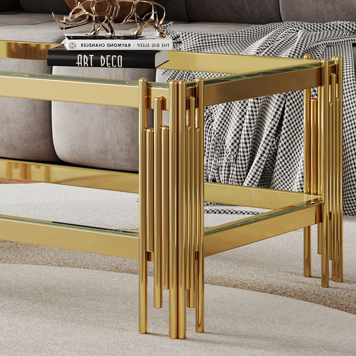 Coffee Table With Double Tier, Rectangular Design - Gold