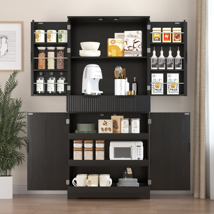 Fluted Kitchen Pantry Cabinet With 3 Keyboard Drawers & 6 Adjustable Door Shelves