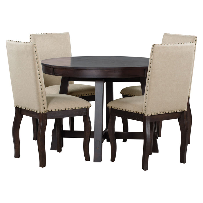 Round Extendable Dining Table Set With 4 Upholstered Chairs