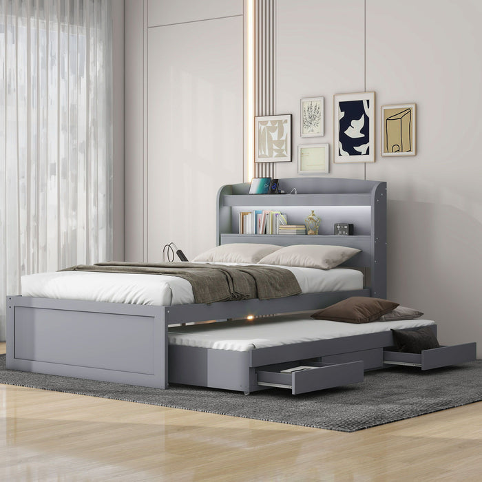 Platform Bed With LED Headboard, Charging Station, Trundle And 2 Drawers