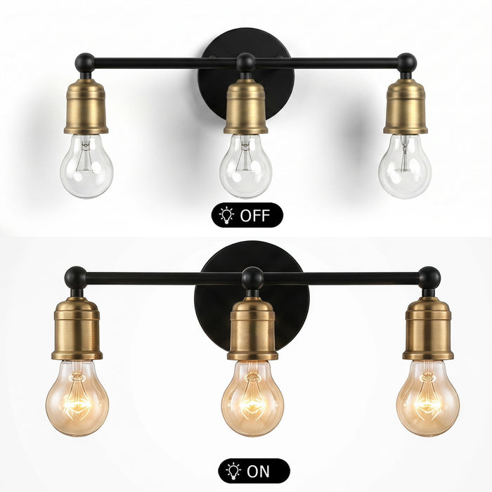3 Light Wall Sconce, Vanity Light, No Bulbs Included - Black / Gold