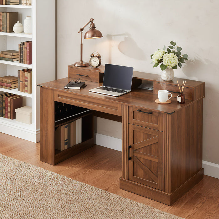 Office Desk With Storage Cabinet, Charging Station, Monitor Stand & Pegboard