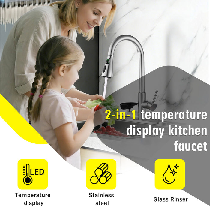 3 In 1 Kitchen Faucet With LED Temperature Display, Pull Down Sprayer